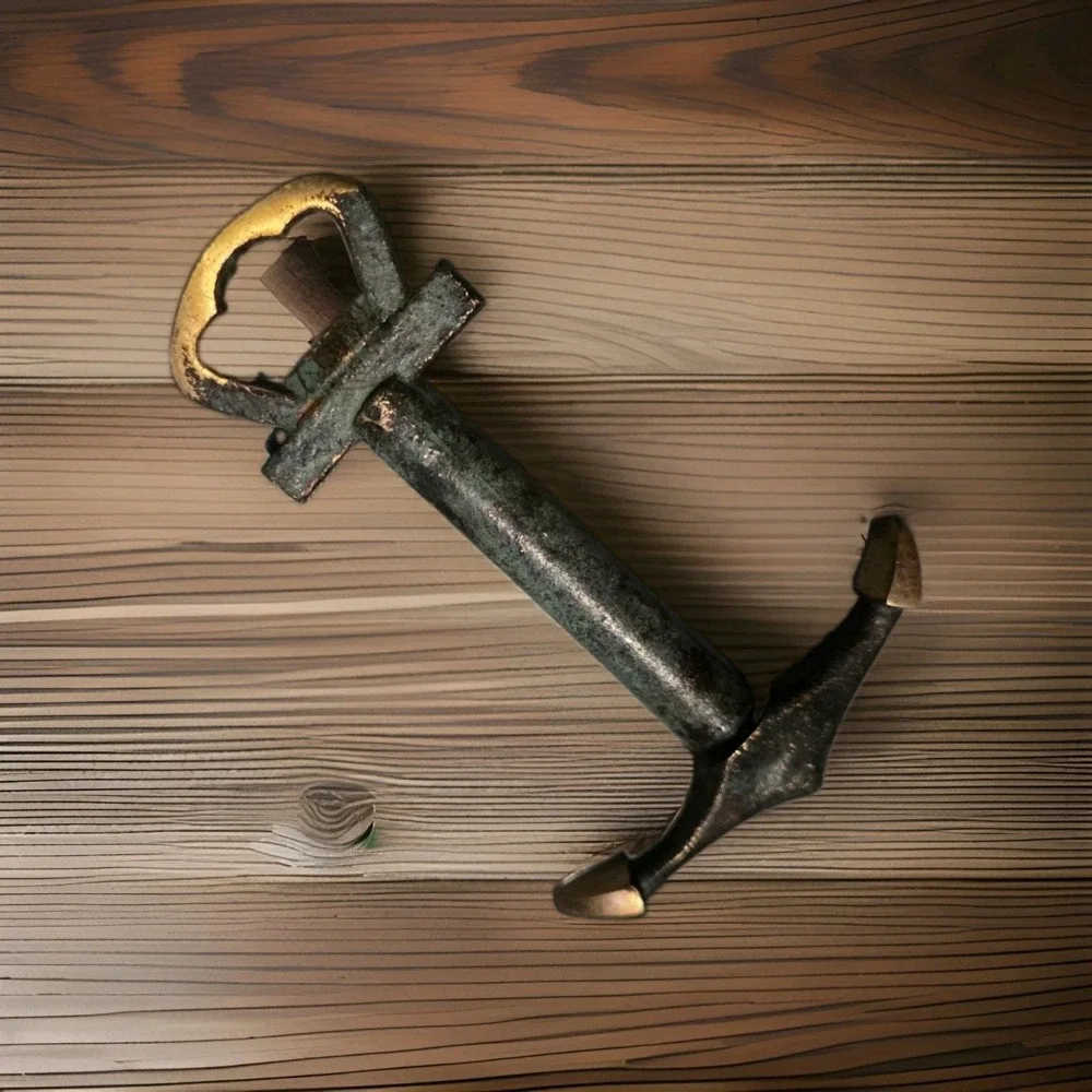 Vintage Brass Anchor Shaped Wine Key & Bottle Opener Green Patina Finish 5.5